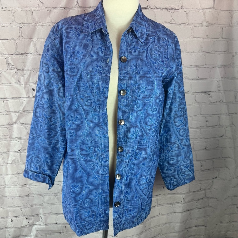 vtg Chico's design sz 1 Blue embroidered textured floral silk Jacket women M